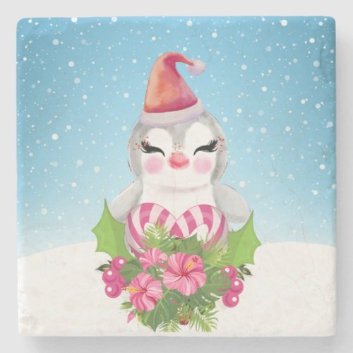 Cute Christmas Penguin in Santa Hat Stone Coaster