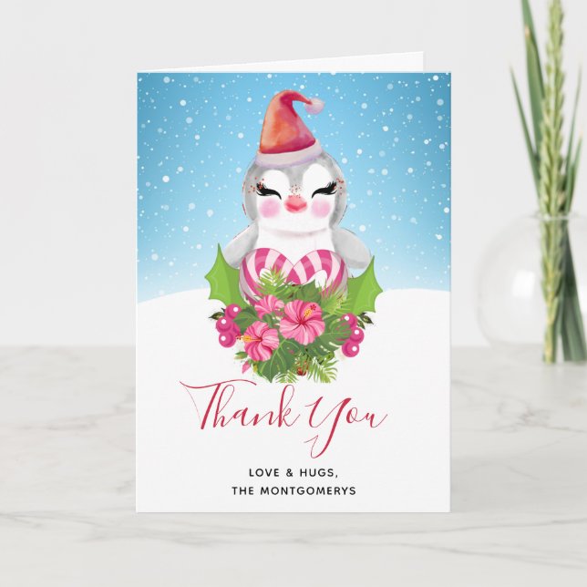 Cute Christmas Penguin in Santa Hat Thank You Card (Front)