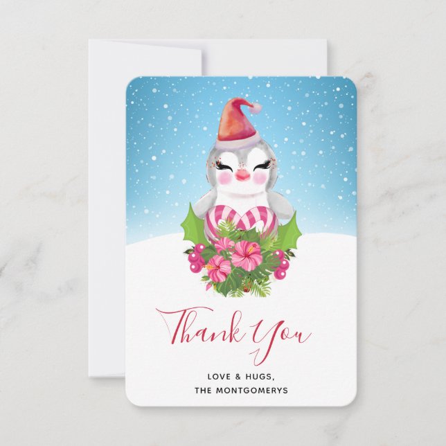 Cute Christmas Penguin in Santa Hat Thank You Card (Front)
