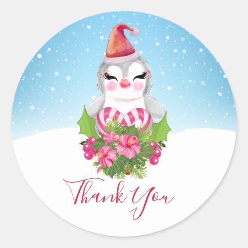 Cute Christmas Penguin in Santa Hat Thank You Classic Round Sticker