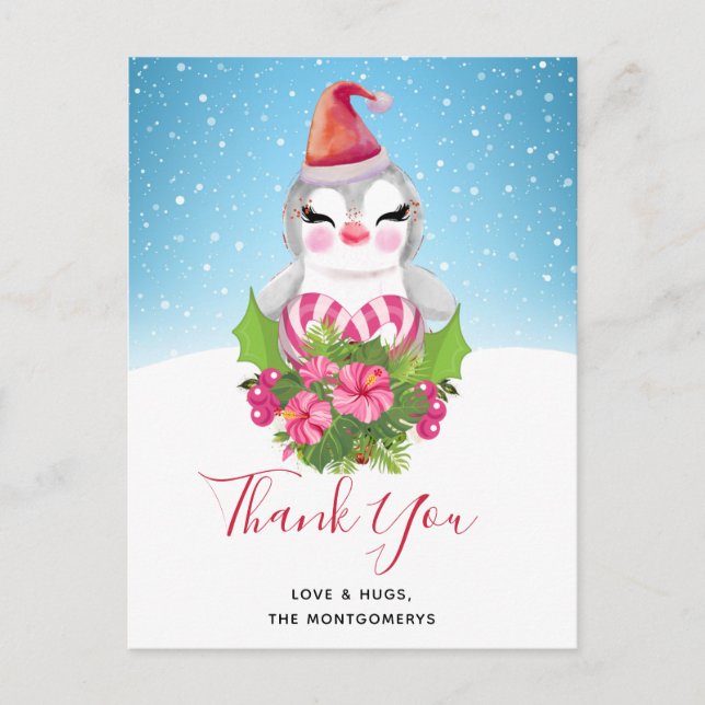 Cute Christmas Penguin in Santa Hat Thank You Postcard (Front)