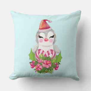 Cute Christmas Penguin in Santa Hat Throw Pillow
