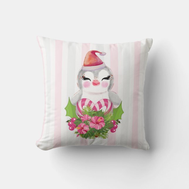 Cute Christmas Penguin in Santa Hat Throw Pillow (Front)