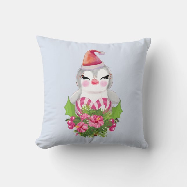 Cute Christmas Penguin in Santa Hat Throw Pillow (Front)