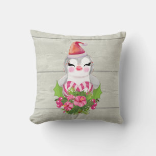 Cute Christmas Penguin in Santa Hat Throw Pillow