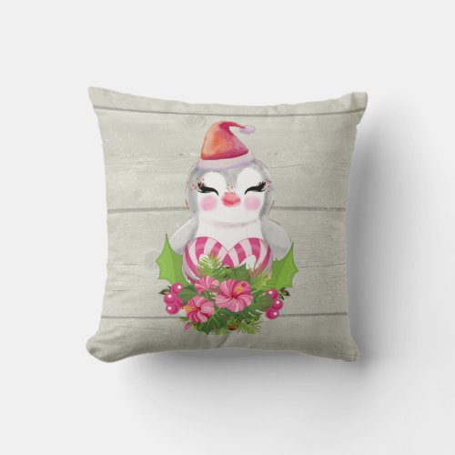 Cute Christmas Penguin in Santa Hat Throw Pillow