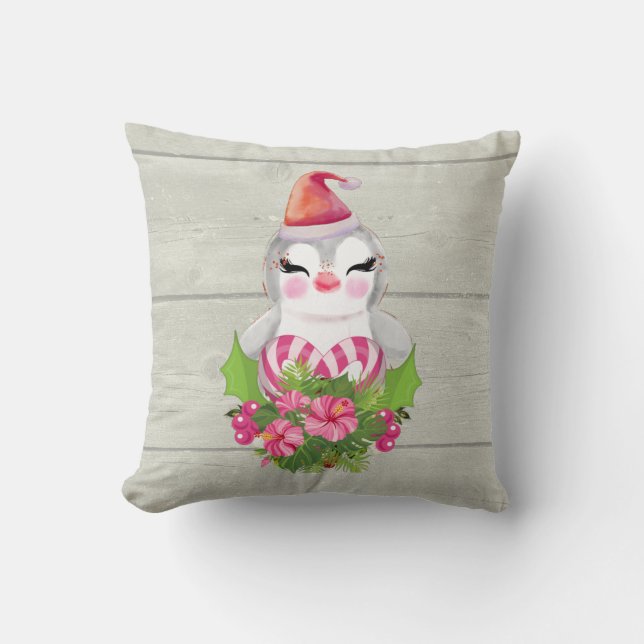 Cute Christmas Penguin in Santa Hat Throw Pillow (Front)