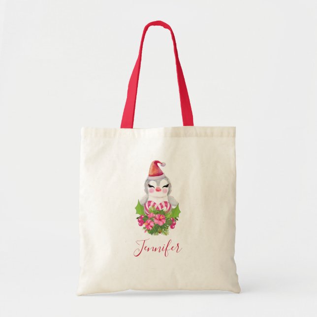 Cute Christmas Penguin in Santa Hat Tote Bag (Front)
