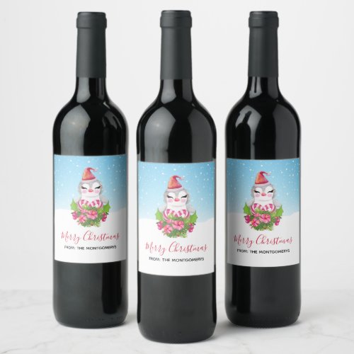 Cute Christmas Penguin in Santa Hat Wine Label