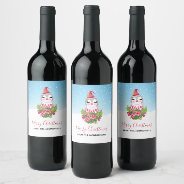 Cute Christmas Penguin in Santa Hat Wine Label (Bottles)