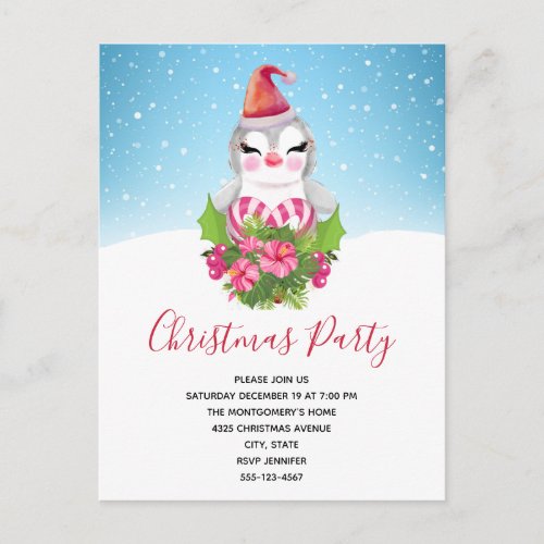 Cute Christmas Penguin in Santa Hat Xmas Party Invitation Postcard