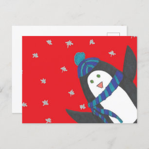 Cute Christmas Penguin on Red Postcard