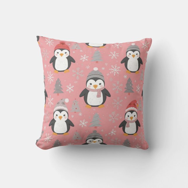 Cute Christmas Penguin Pattern Throw Pillow (Front)
