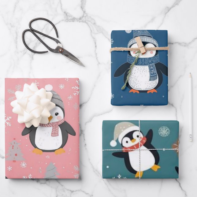 Cute Christmas Penguin Pattern Wrapping Paper Sheets (Front)