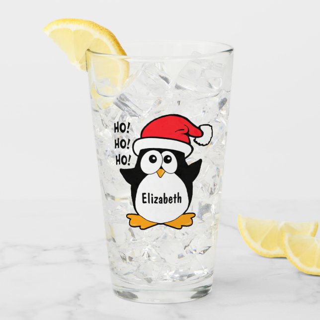 Cute Christmas Penguin Personalize Glass (Front Ice)