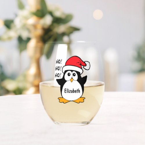 Cute Christmas Penguin Personalize Stemless Wine Glass
