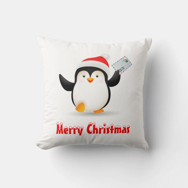 Cute Christmas Penguin Showing Santa's Letter Throw Pillow (Front)