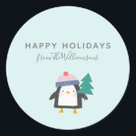 Cute Christmas Penguin Teal Mint Personalized  Classic Round Sticker<br><div class="desc">Cute Christmas themed stationery with an adorable festive penguin illustration,  personalized with your name.</div>