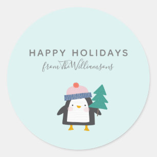 Cute Christmas Penguin Teal Mint Personalized  Classic Round Sticker