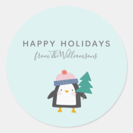 Cute Christmas Penguin Teal Mint Personalized Classic Round Sticker