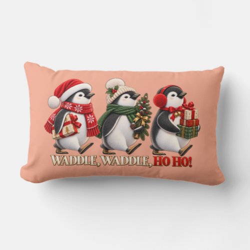 Cute Christmas Penguin Waddle Ho Ho Lumbar Pillow