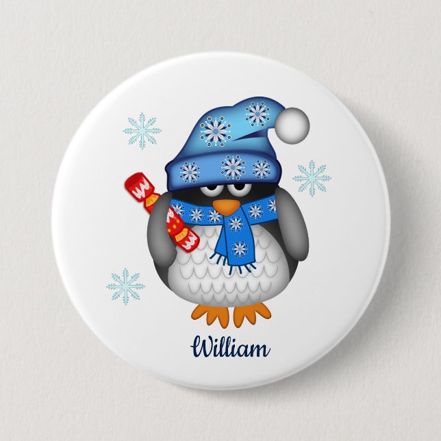 Cute christmas penguin with custom name button (Front)