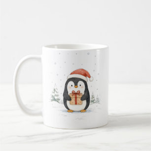 Cute Christmas Penguin with Gift and Santa Hat Coffee Mug