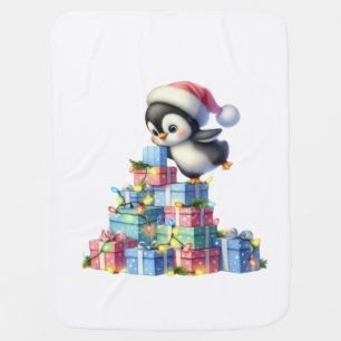 Cute Christmas Penguin with Gifts and Lights Card Baby Blanket