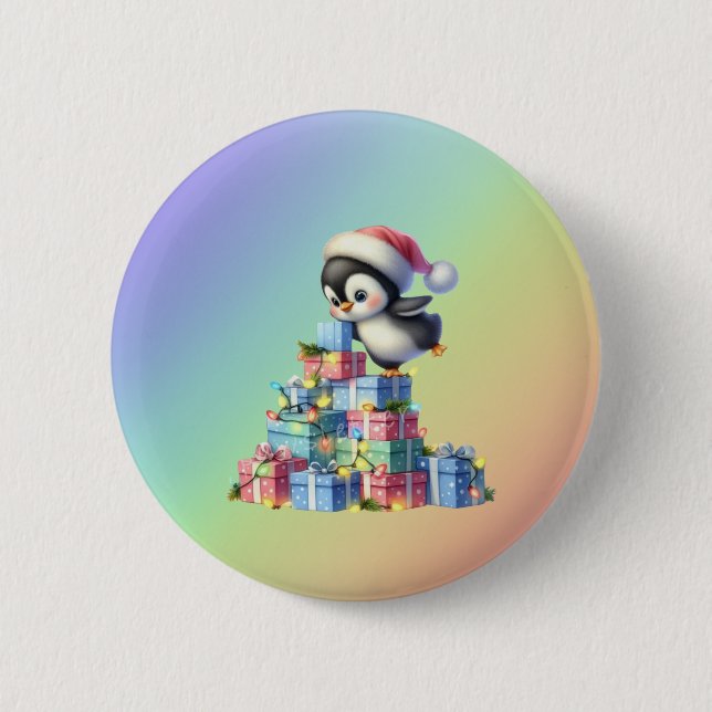 Cute Christmas Penguin with Gifts and Lights Card Button (Front)