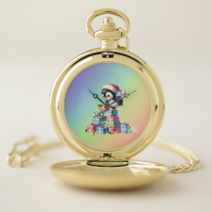 Cute Christmas Penguin with Gifts and Lights Card Pocket Watch