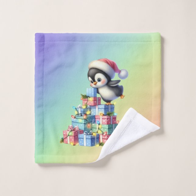 Cute Christmas Penguin with Gifts and Lights Card Wash Cloth (Wash Cloth)