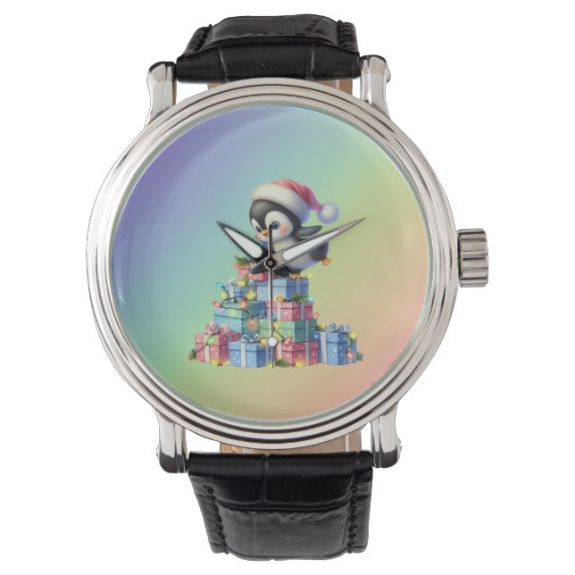Cute Christmas Penguin with Gifts and Lights Card Watch (Front)