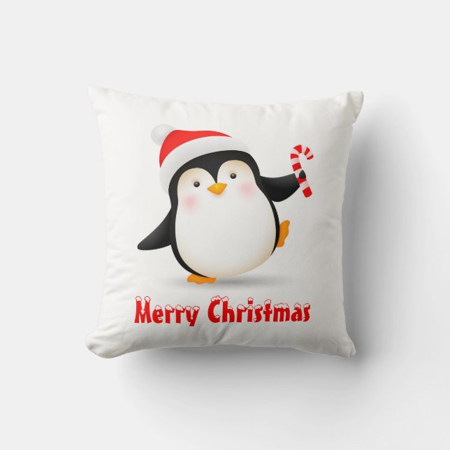 Cute Christmas Penguin with Santa Hat & Candy Cane Throw Pillow (Front)