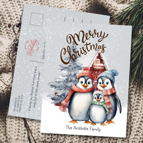 Cute Christmas Penguins Family Holiday Postcard