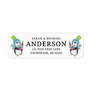 Cute Christmas Penguins Family Name Label