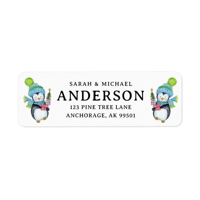 Cute Christmas Penguins Family Name  Label (Front)