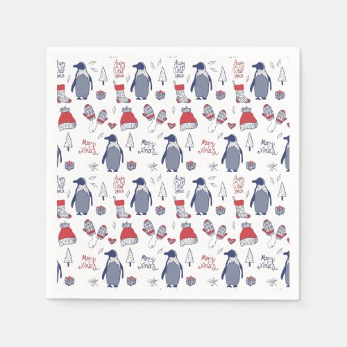 Cute Christmas Penguins Hats Gloves Pattern Napkins