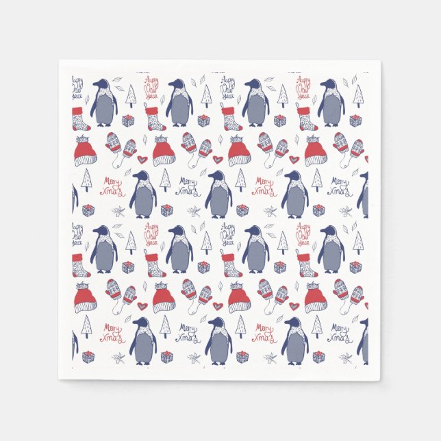 Cute Christmas Penguins Hats Gloves Pattern Napkins (Front)