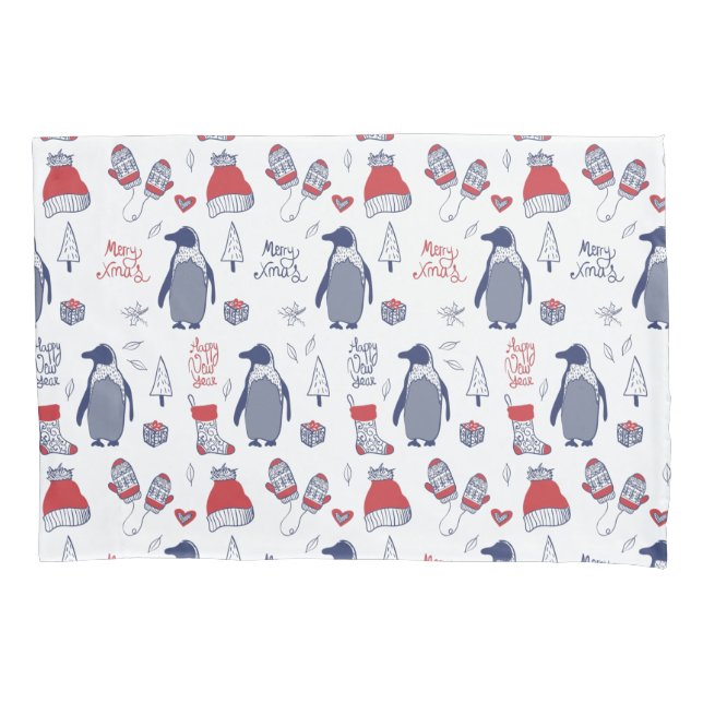 Cute Christmas Penguins Hats Gloves Pattern Pillow Case (Front)