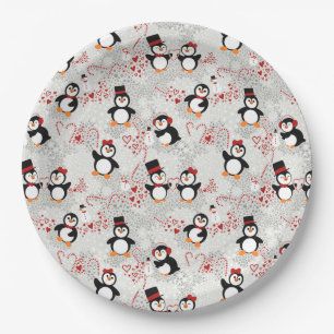 Cute Christmas Penguins Hearts & Candy Pattern Paper Plates