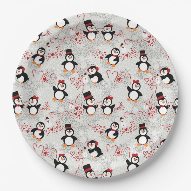 Cute Christmas Penguins Hearts & Candy Pattern Paper Plates (Front)