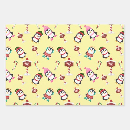 Cute Christmas Penguins Holiday Designed Wrapping Paper Sheets