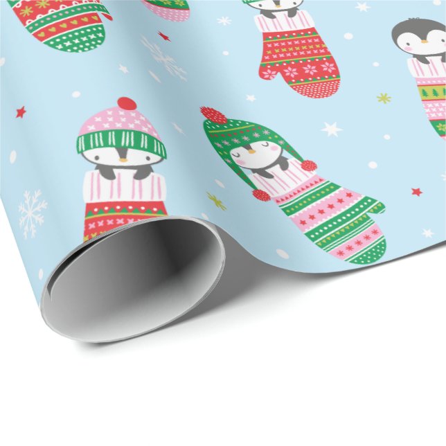 Cute Christmas Penguins in mittens light blue Wrapping Paper (Roll Corner)