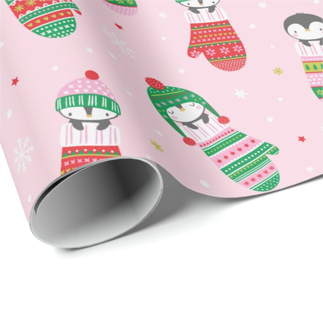 Cute Christmas Penguins in mittens light pink Wrapping Paper (Roll Corner)