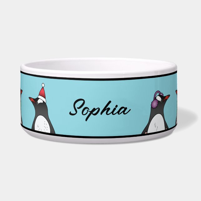 Cute Christmas Penguins On Blue With Custom Name Bowl (Front)