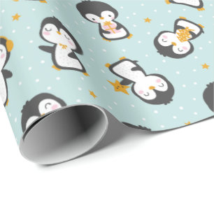 Cute christmas Penguins on blue Wrapping Paper