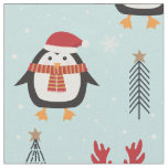 Cute Christmas Penguins on Pine Trees Pattern Fabric