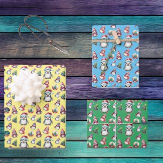 Cute Christmas Penguins on Yellow Green and Blue
