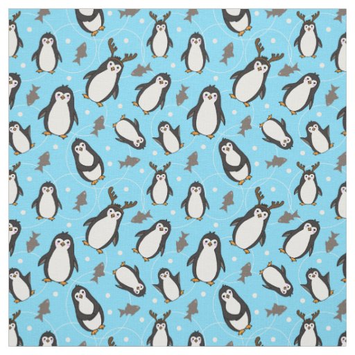 Cute Christmas Penguins Pale Blue Patterned Fabric