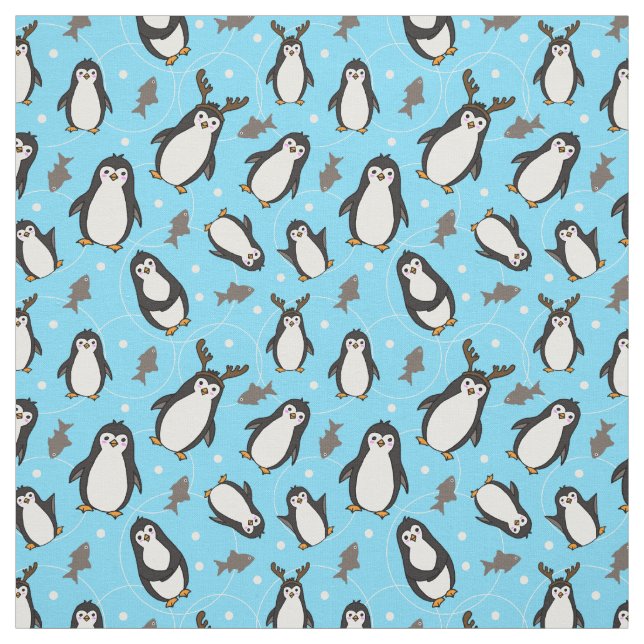 Cute Christmas Penguins Pale Blue Patterned Fabric (Swatch)